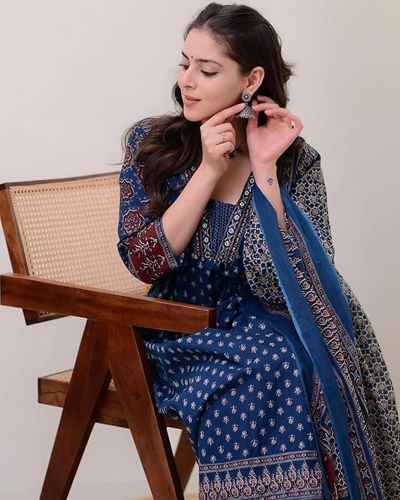 Indigo Blue Floral Block Printed Cotton Anarkali Suit Set with Dupatta - Image 4
