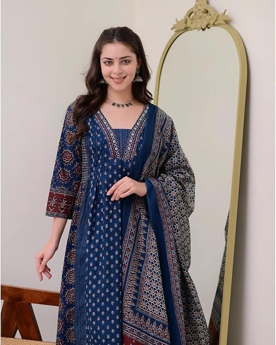 Indigo Blue Floral Block Printed Cotton Anarkali Suit Set with Dupatta - Image 3