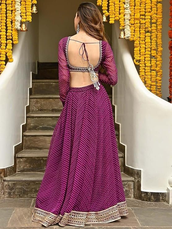 Women's Leheriya Print Pure Georgette New Semi Stitched Lehenga Choli With Dupatta (Latest-Stylish-Wedding-Designer-New) - Image 2