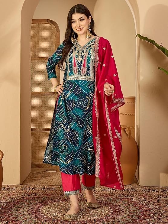 EthnicJunction Women's Rayon Bandhani Print and Embroidered Kurta Salwar and Dupatta Set | - Image 3