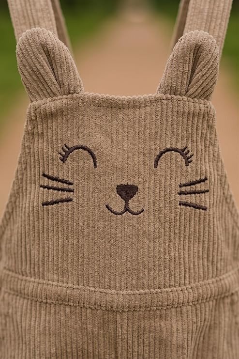 Girls Beige Bunny Embroidered Corduroy Dungaree Set with Crossbody Bag - Image 4