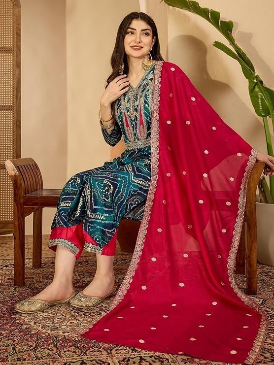 EthnicJunction Women's Rayon Bandhani Print and Embroidered Kurta Salwar and Dupatta Set | - Image 2