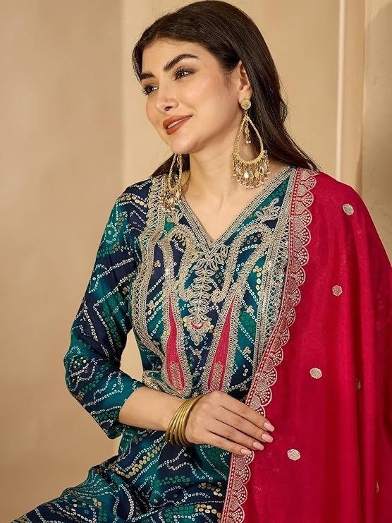 EthnicJunction Women's Rayon Bandhani Print and Embroidered Kurta Salwar and Dupatta Set | - Image 5