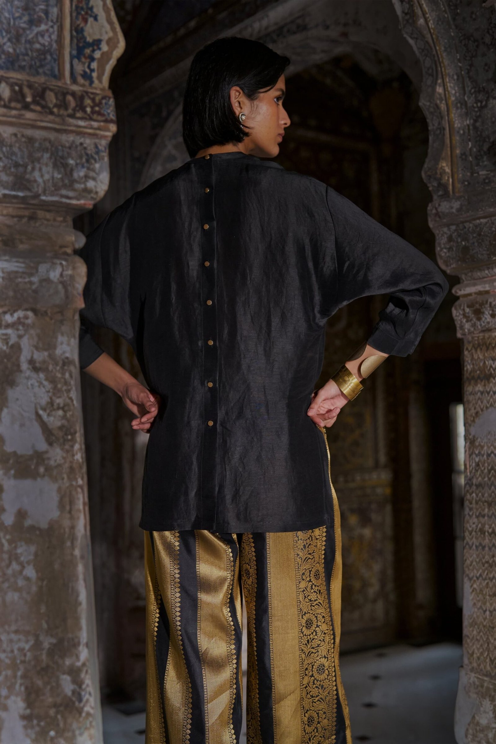 Black Embroidered Tunic with Gold Brocade Wide-Leg Pants Set - Image 5