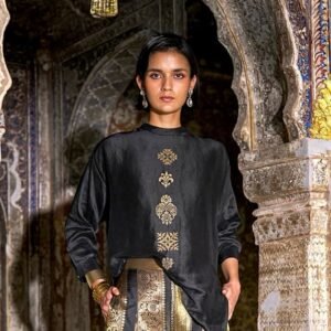 Black Embroidered Tunic with Gold Brocade Wide-Leg Pants Set