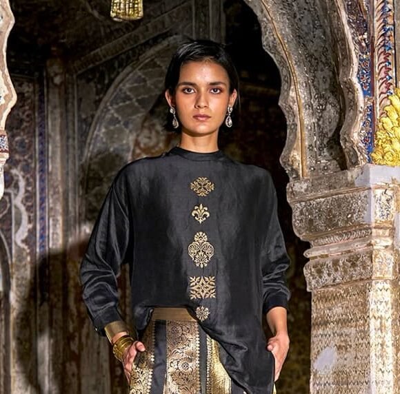 Black Embroidered Tunic with Gold Brocade Wide-Leg Pants Set