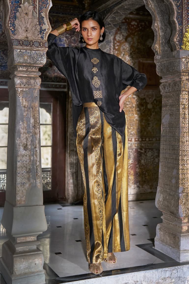 Black Embroidered Tunic with Gold Brocade Wide-Leg Pants Set - Image 2