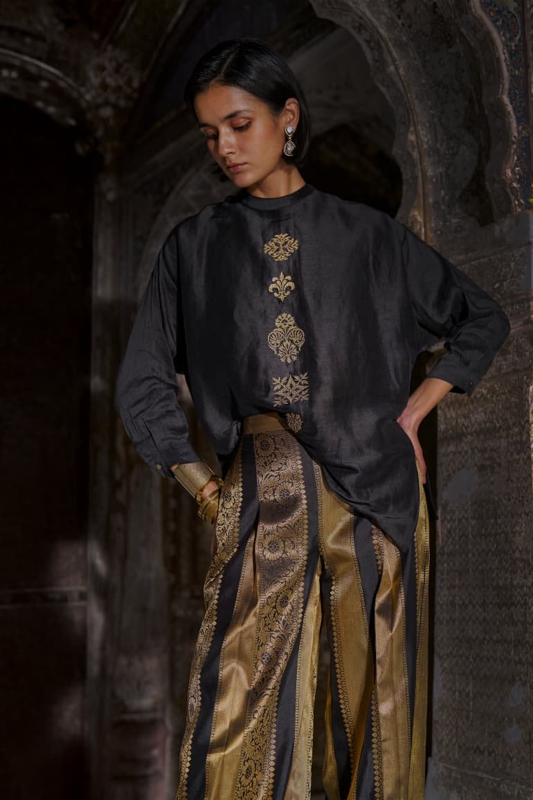 Black Embroidered Tunic with Gold Brocade Wide-Leg Pants Set - Image 6
