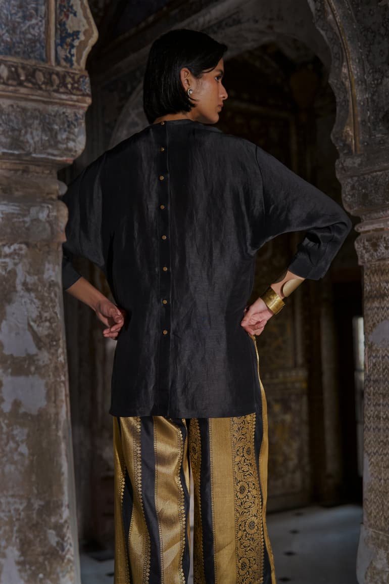 Black Embroidered Tunic with Gold Brocade Wide-Leg Pants Set - Image 7