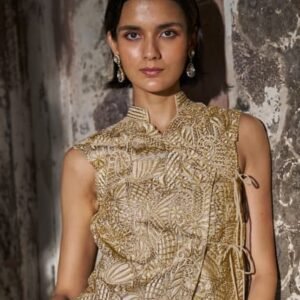 Gold Embroidered Angrakha Top with Black Draped Skirt Set