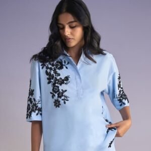 Powder Blue Floral Embroidered Two-Piece Co-ord Set