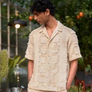 Beige Distressed Textured Cuban Shirt & Shorts Co-ord Set