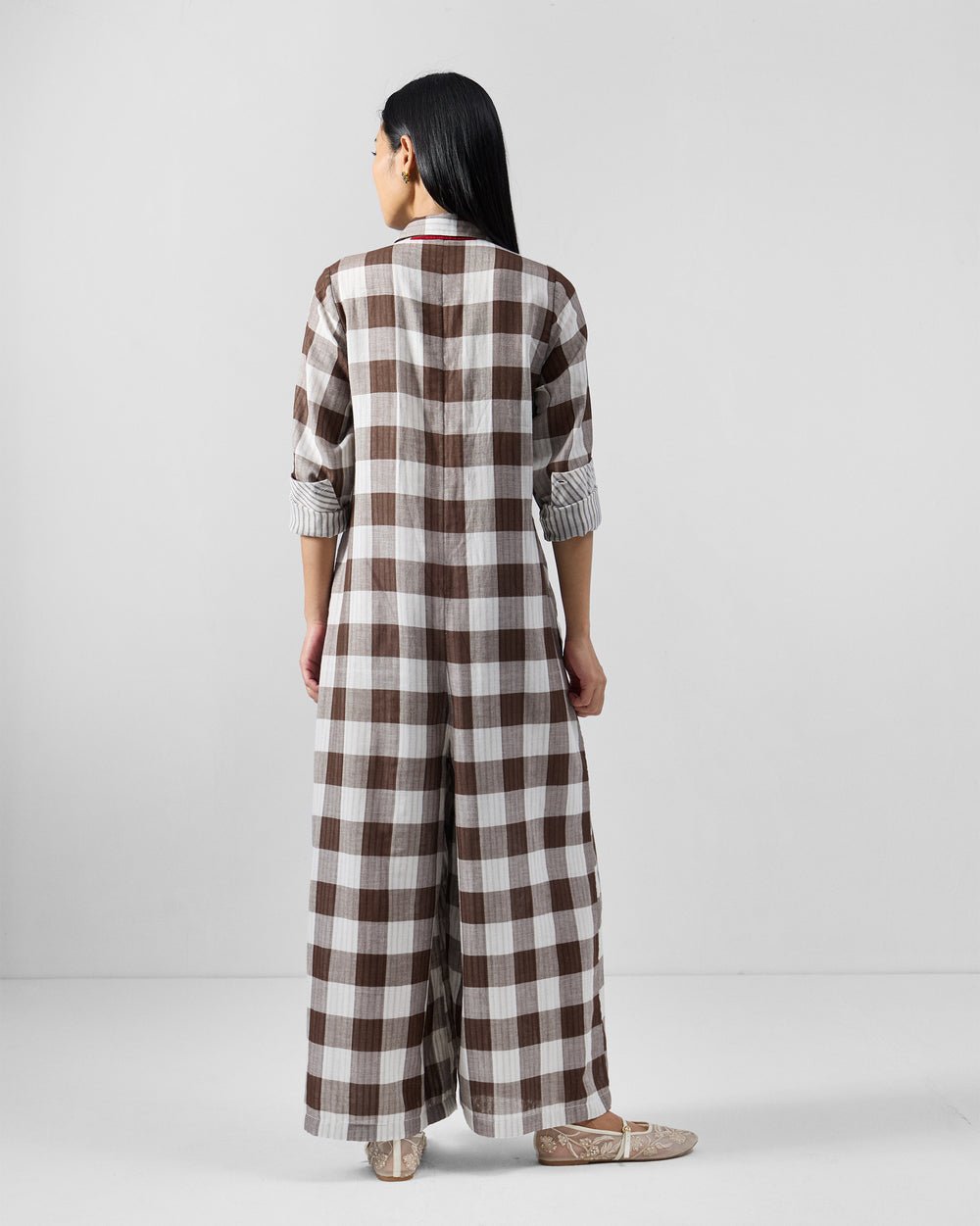 Brown & White Checkered Shirt Collar Wide-Leg Jumpsuit - Image 3