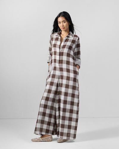Brown & White Checkered Shirt Collar Wide-Leg Jumpsuit - Image 2