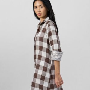 Brown & White Checkered Shirt Collar Wide-Leg Jumpsuit