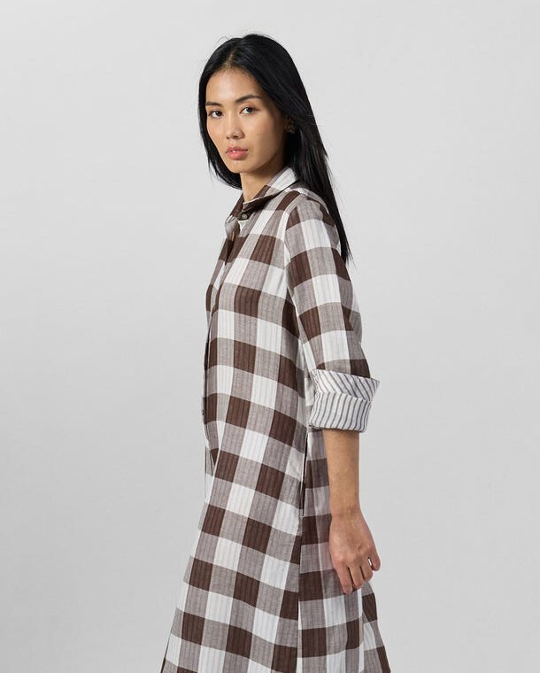 Brown & White Checkered Shirt Collar Wide-Leg Jumpsuit