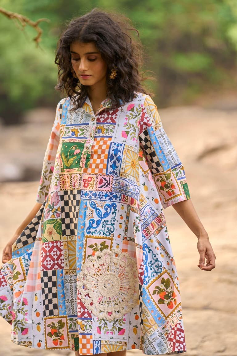 Multicolor Patchwork & Lace Appliqué Shirt Dress - Image 2
