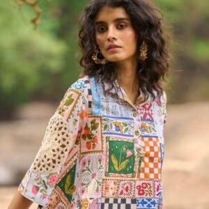 Multicolor Patchwork & Lace Appliqué Shirt Dress