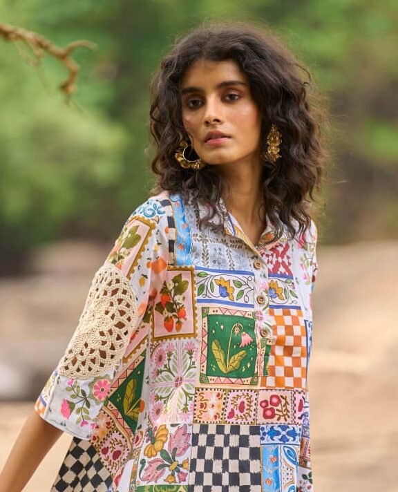 Multicolor Patchwork & Lace Appliqué Shirt Dress