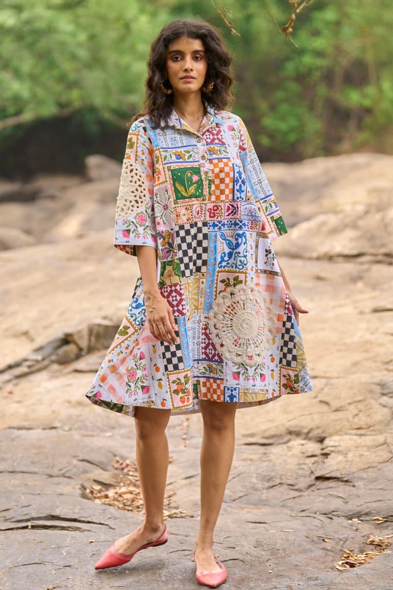 Multicolor Patchwork & Lace Appliqué Shirt Dress - Image 3
