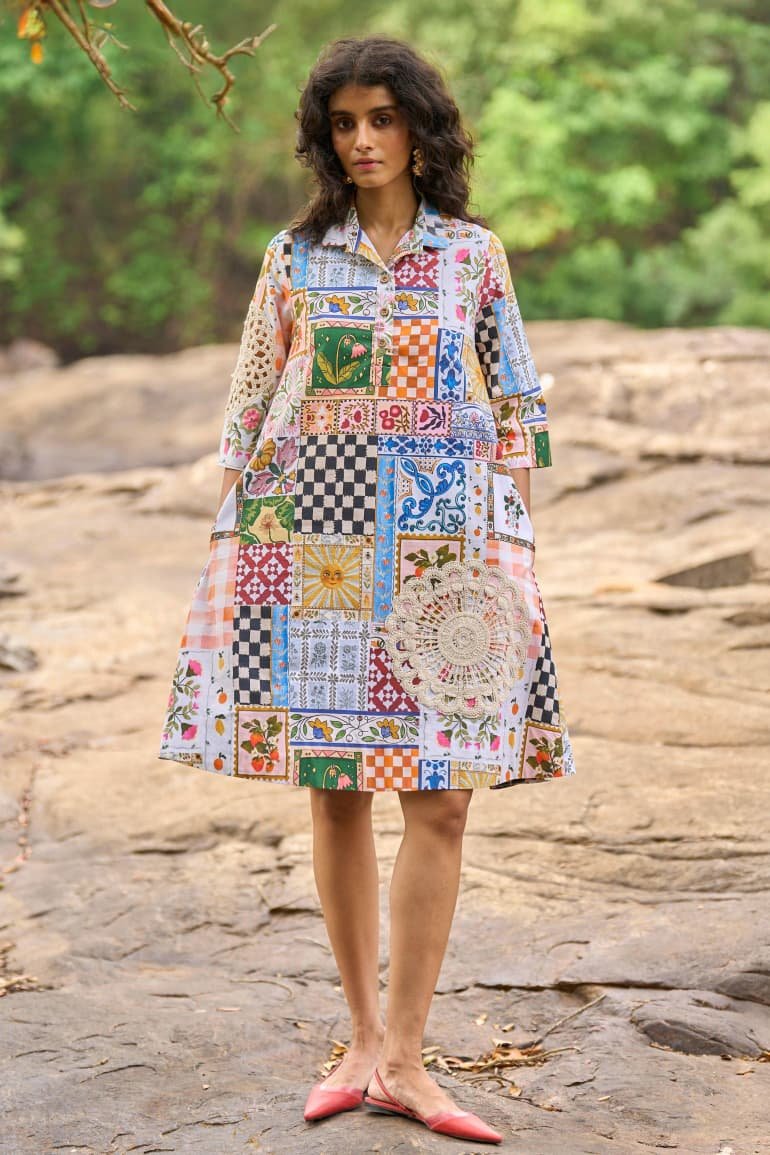 Multicolor Patchwork & Lace Appliqué Shirt Dress - Image 4